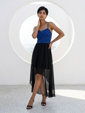 As U Wish Blue & Black High Low Simi Formal Dress w/ Lace upper & sheer skirt